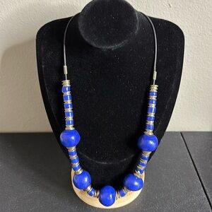 Vintage Art Deco Ceramic Blue Black Stone Leather Band Bead Necklace​